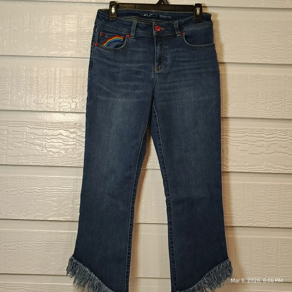 INC Rainbow Fringe Cropped Skinny Jeans Indigo Denim Women's Size 6 RAW HEM - Picture 2 of 9
